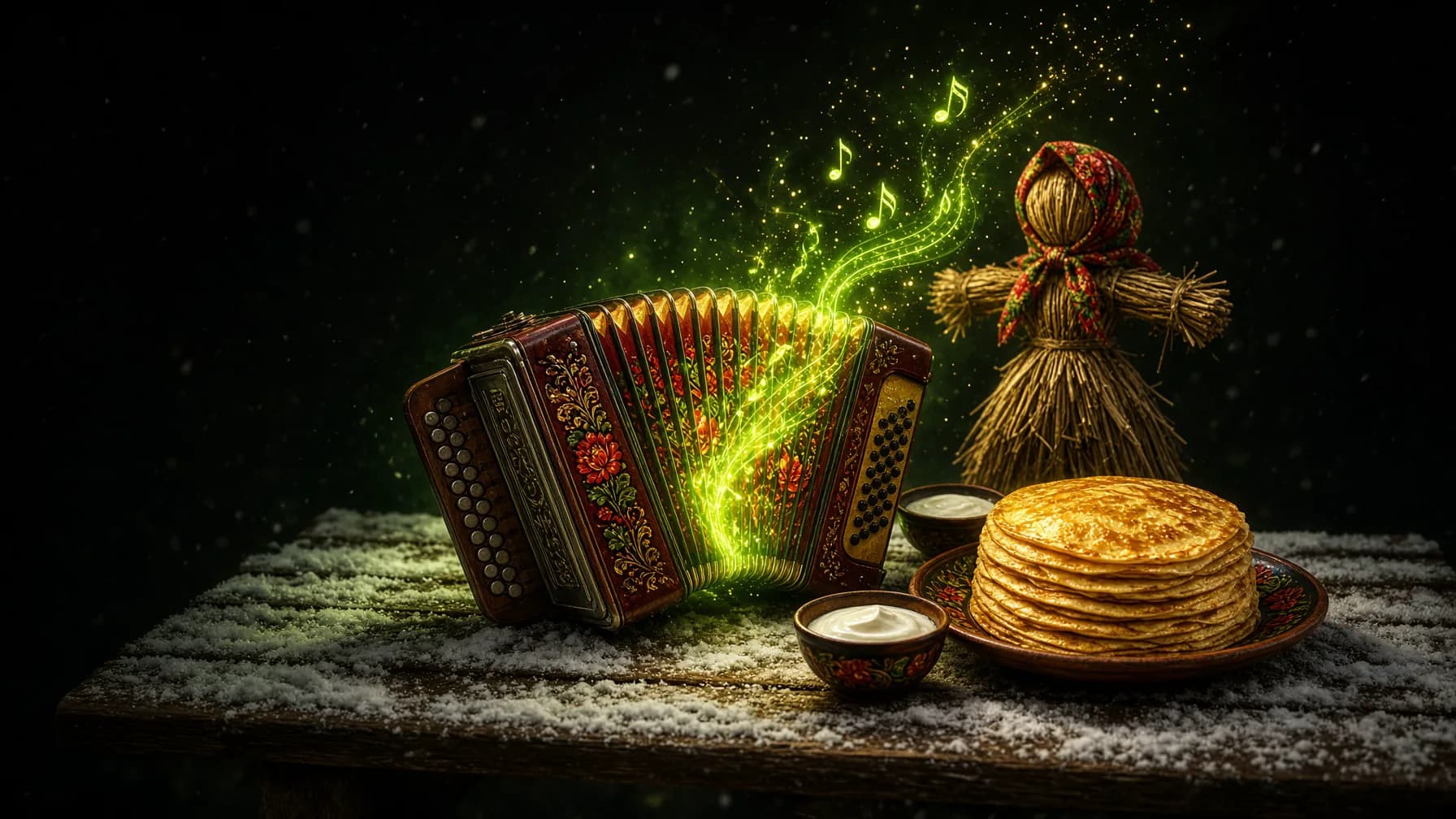 Частушки на Масленицу: баян, стопка блинов и соломенное чучело в снегу — иллюстрация Music Labs